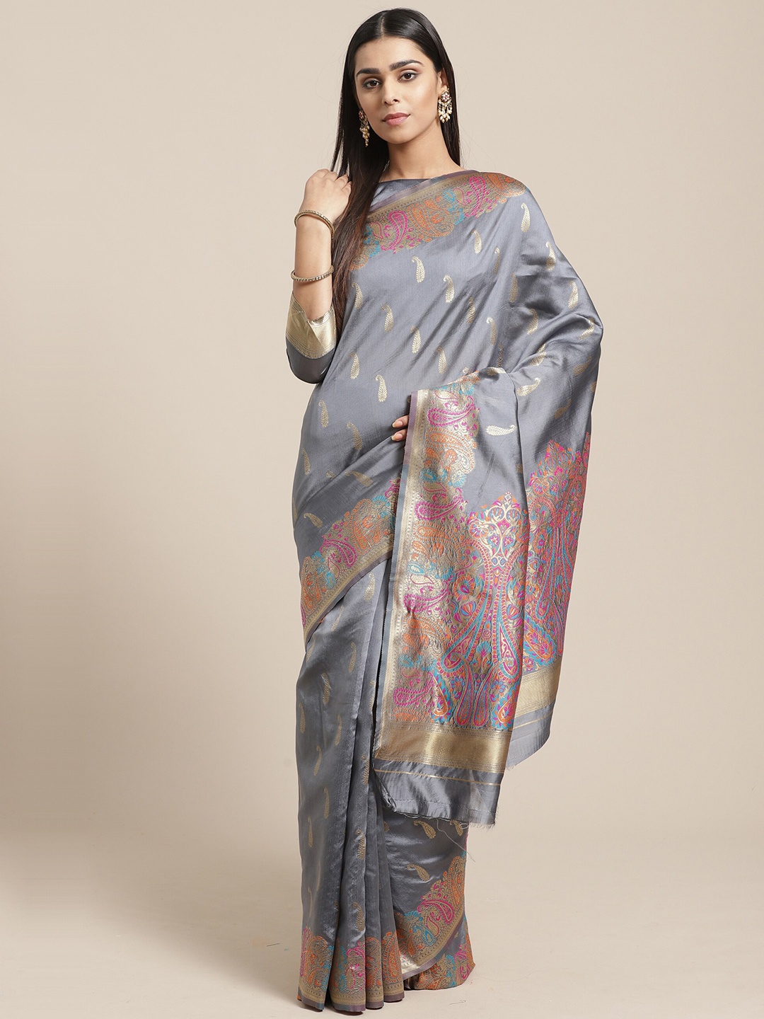 

Saree mall Grey & Gold Paisley Silk Blend Banarasi Sarees