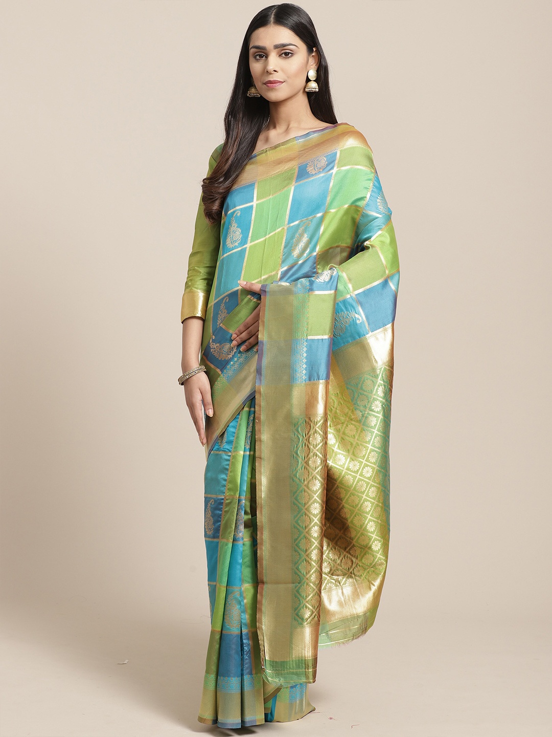 

Saree mall Green & Blue Checked Silk Blend Sarees