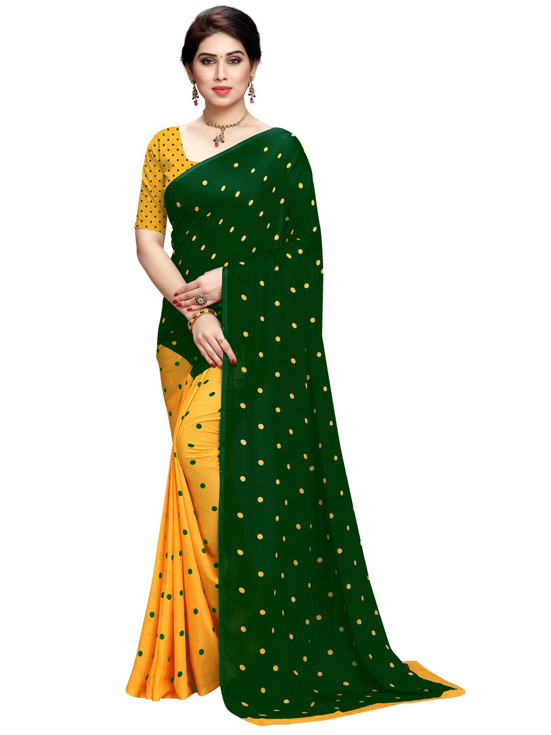 

Moda Rapido Green & Yellow Colourblocked Saree