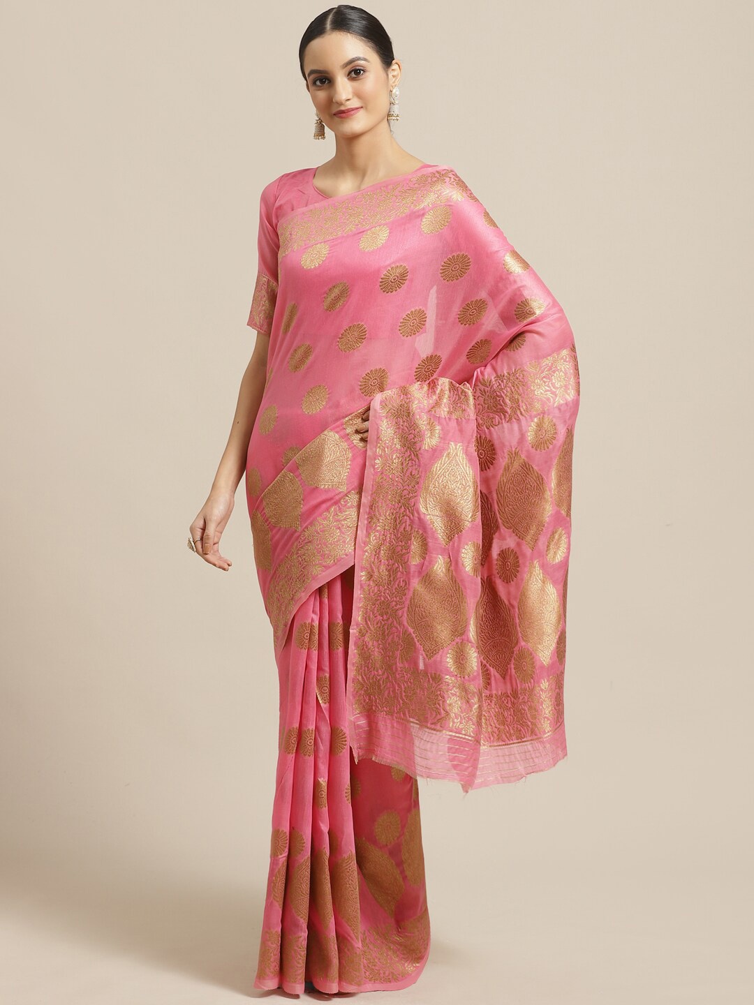 

Saree mall Pink & Gold-Toned Ethnic Motifs Silk Blend Banarasi Sarees