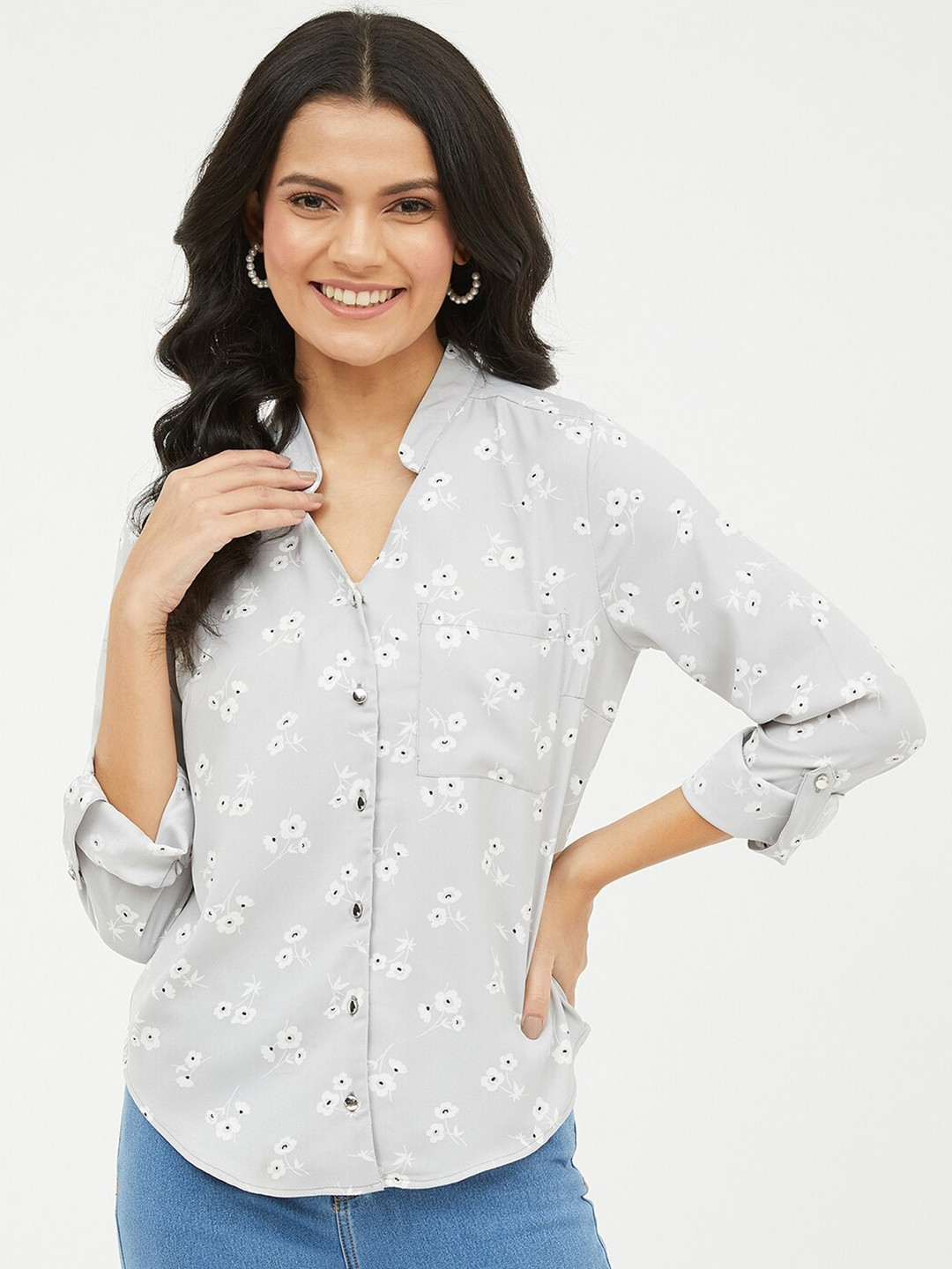 

Harpa Grey Floral Mandarin Collar Shirt Style Top