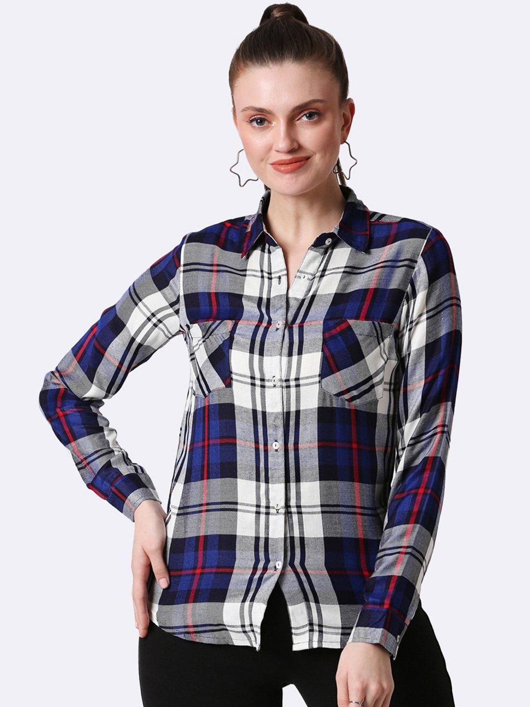 

Bewakoof Women Blue Checked Casual Shirt