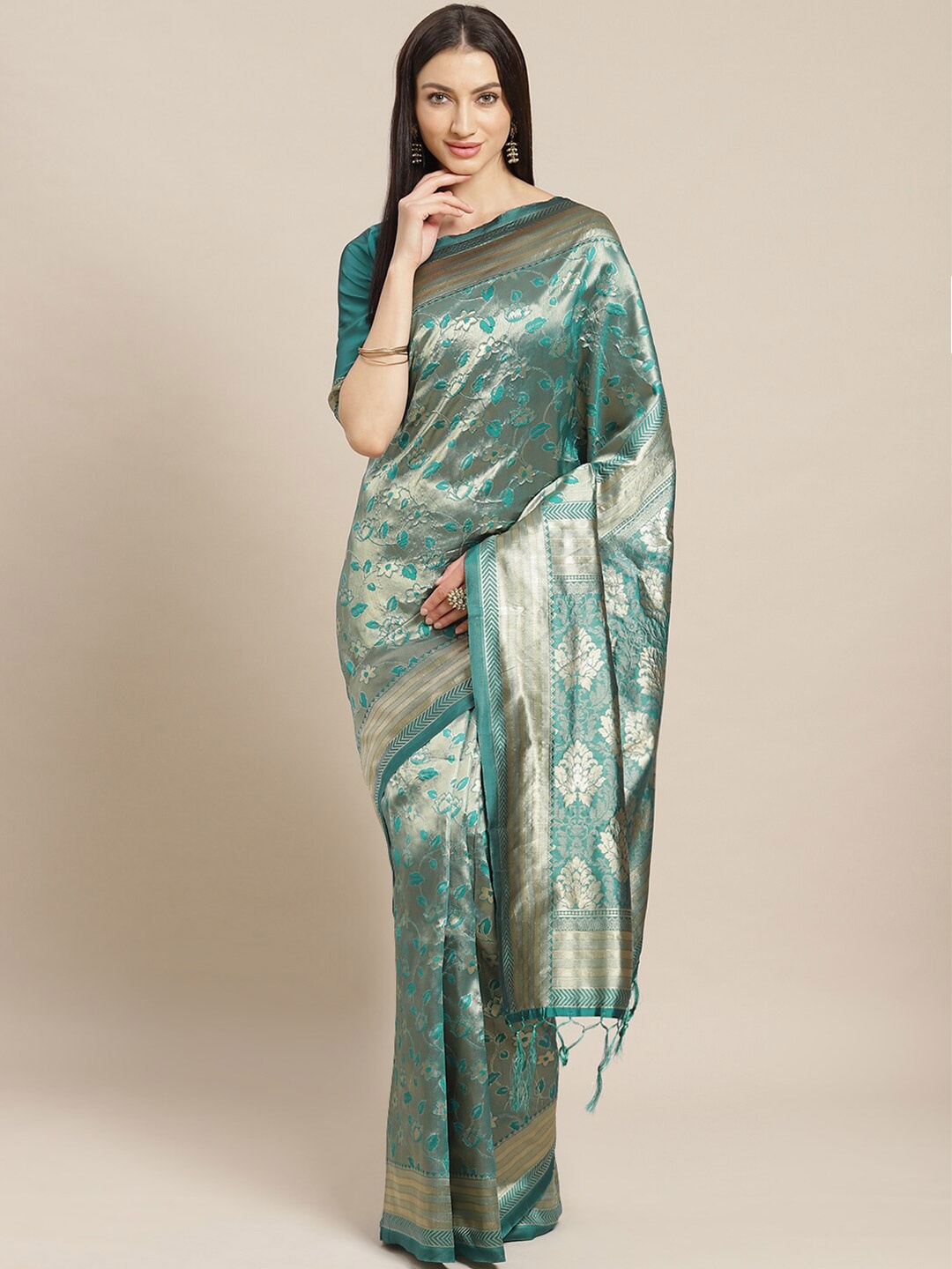 

Saree mall Teal Woven Design Zari Silk Blend Banarasi Sarees