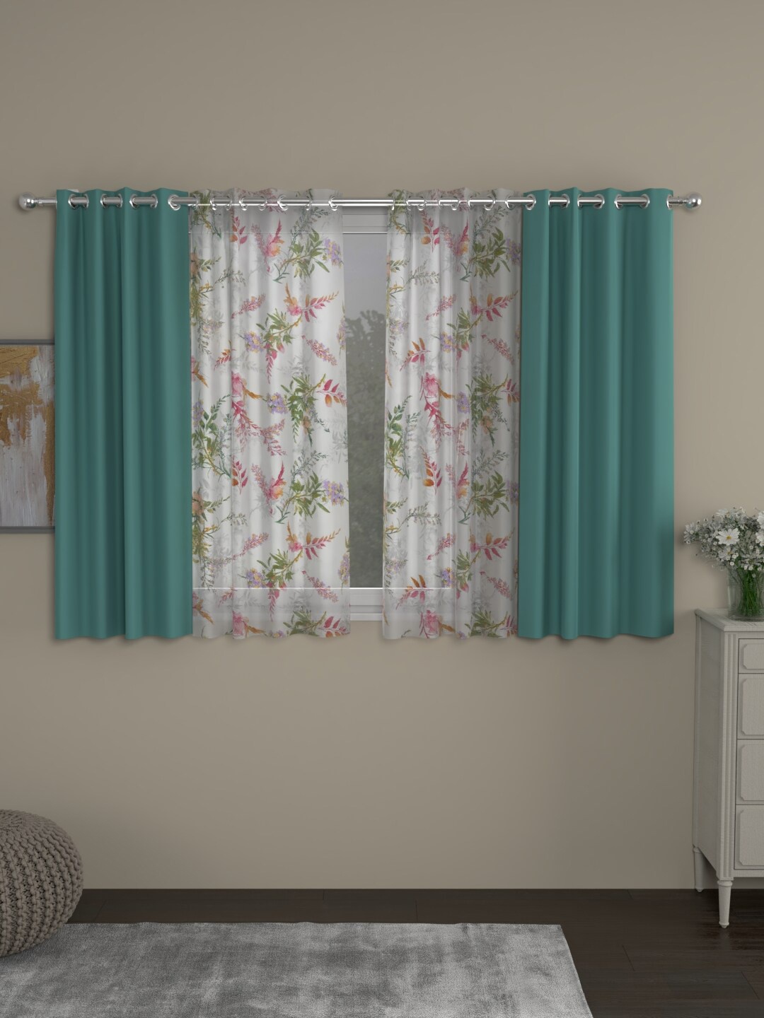 

ROSARA HOME Sea Green & White Set of 4 Black Out & Sheer Window Curtain