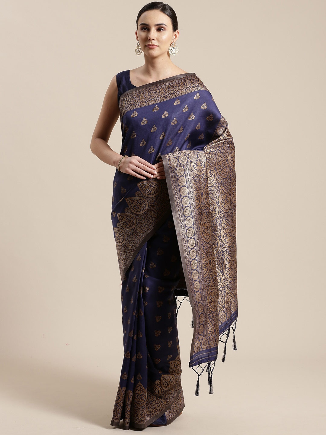 

Saree mall Navy Blue & Gold-Toned Woven Design Silk Blend Sarees