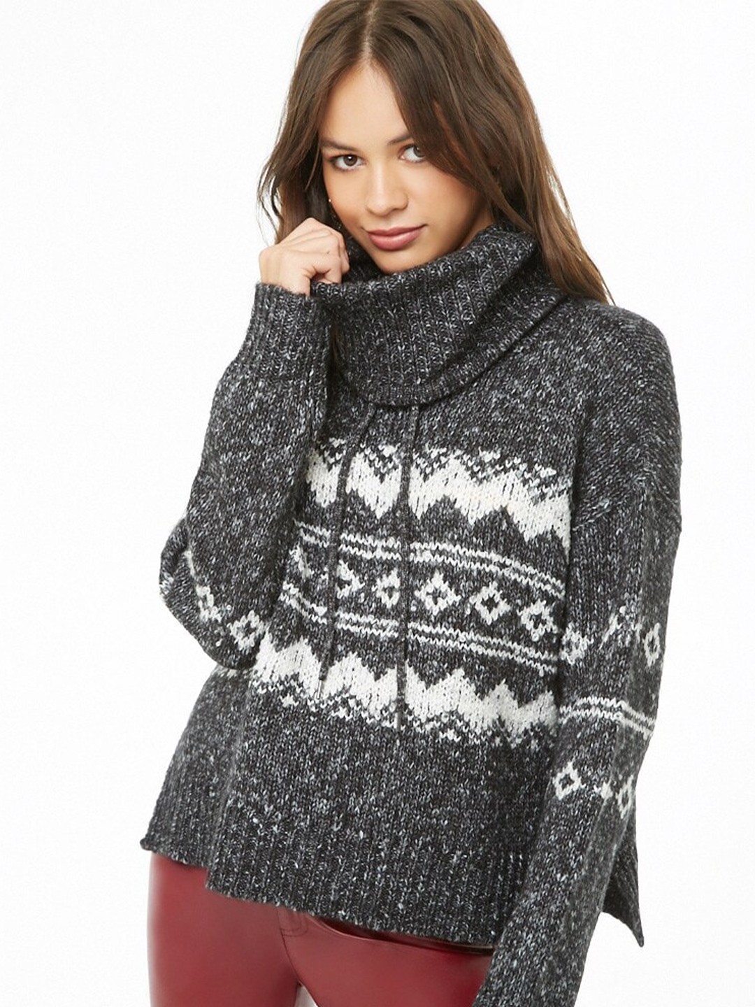 

FOREVER 21 Women Charcoal Grey & White Fair Isle Pullover