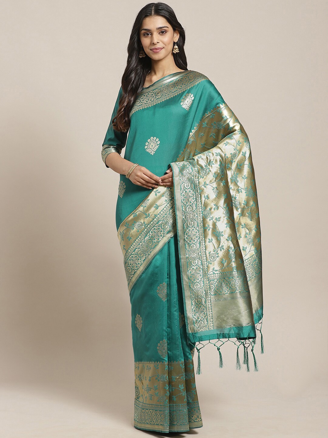 

Saree mall Teal & Gold-Toned Woven Design Silk Blend Banarasi Sarees