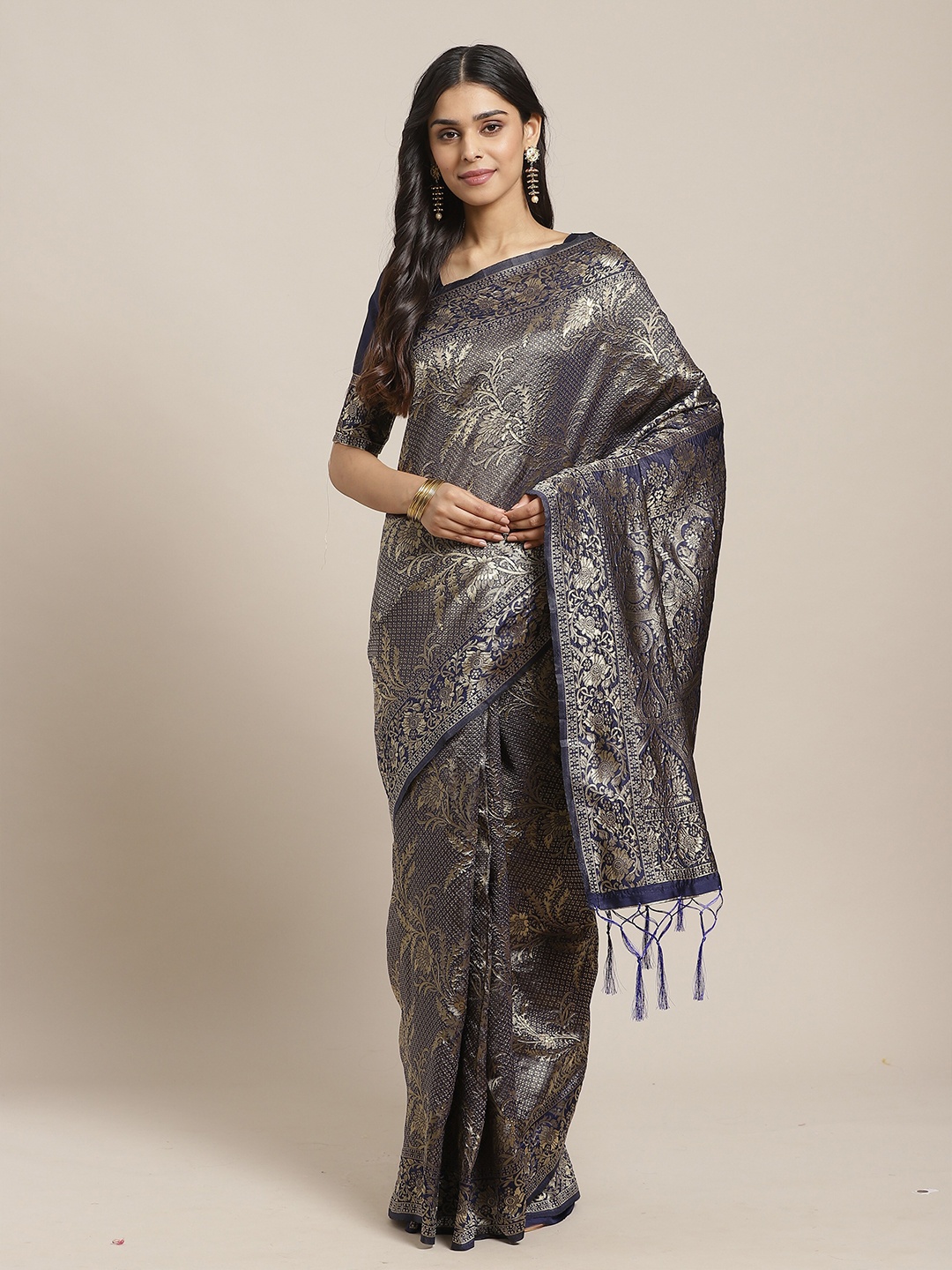 

Saree mall Navy Blue & Gold-Toned Floral Silk Blend Banarasi Sarees