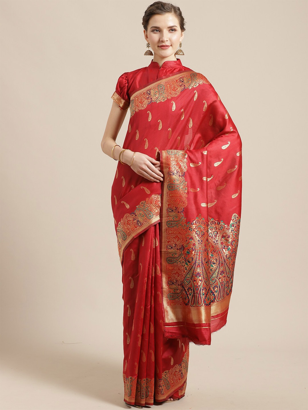 

Saree mall Red & Gold-Toned Paisley Silk Blend Sarees
