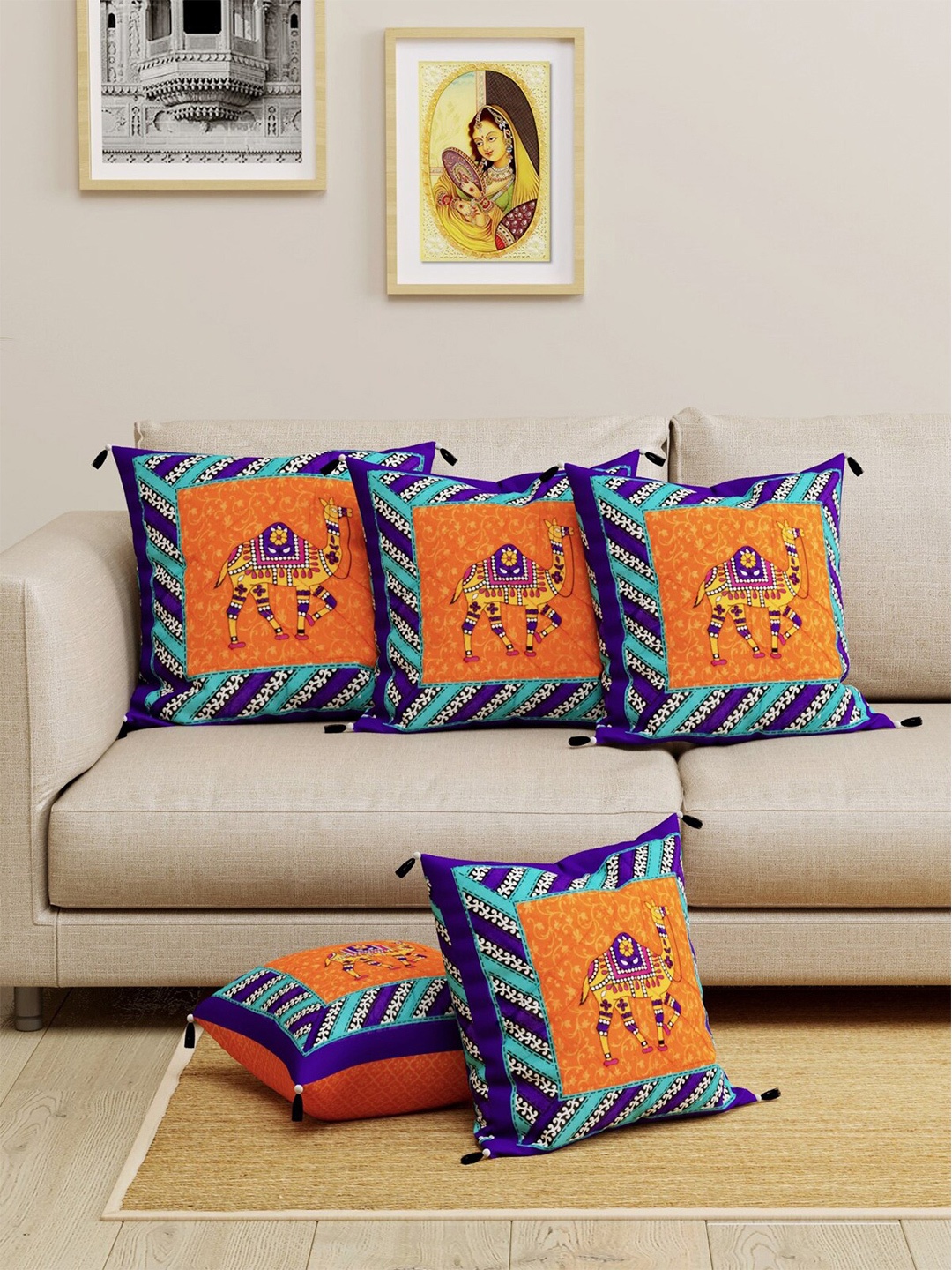 

LIVING ROOTS Orange & Blue Set of 5 Ethnic Motifs Square Cushion Covers