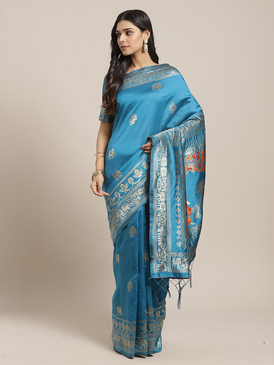 

Saree mall Teal & Orange Ethnic Motifs Zari Silk Blend Banarasi Sarees