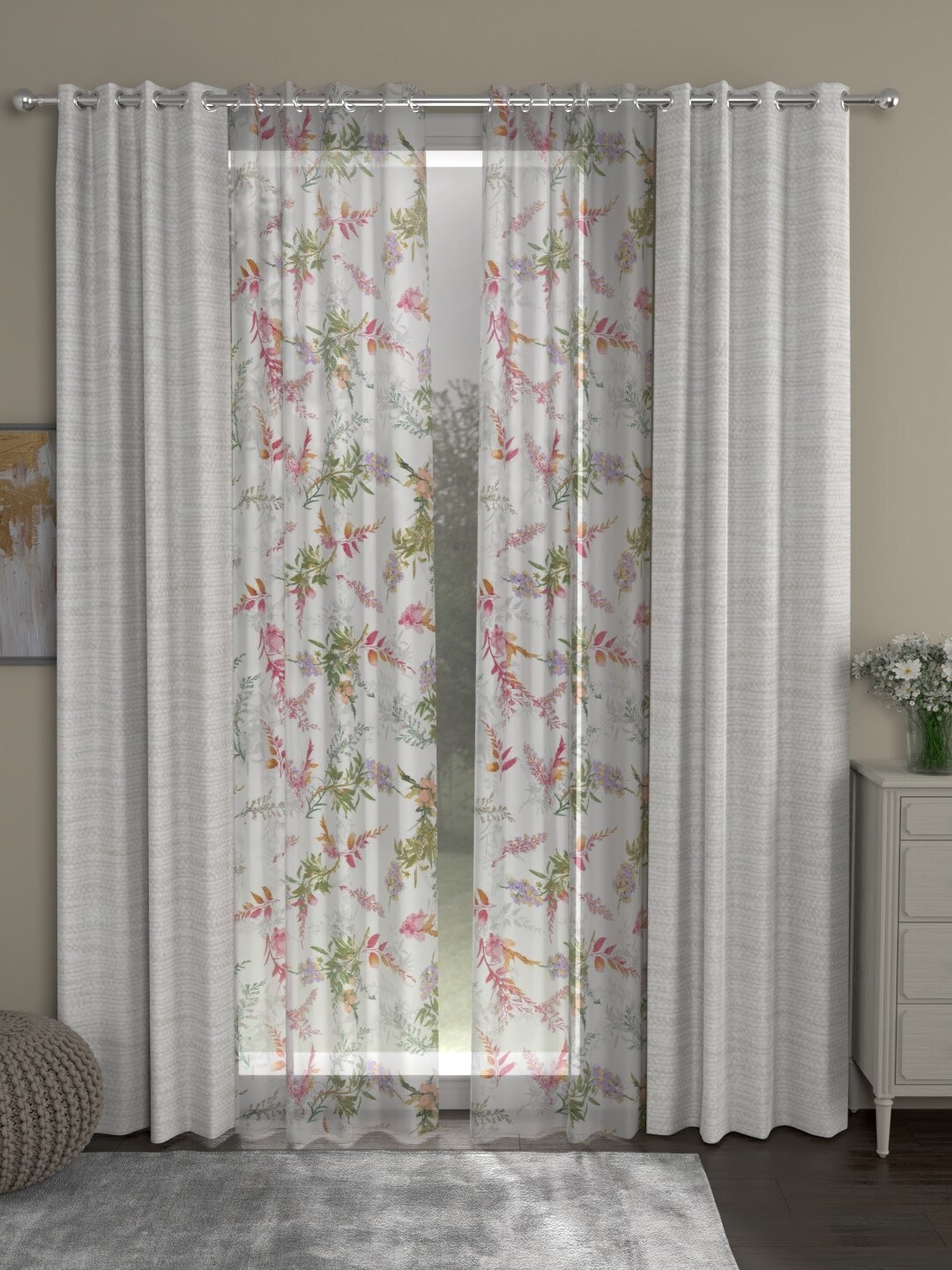 

ROSARA HOME Cream Set of 4 Room Darkening & Sheer Long Door Curtain