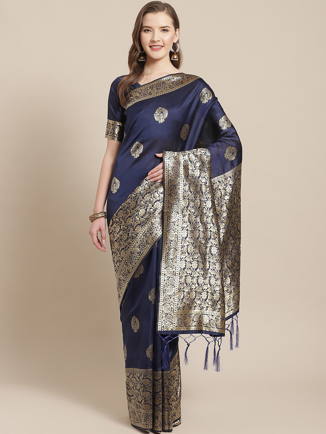 

Saree mall Navy Blue & Gold-Toned Floral Silk Blend Banarasi Sarees