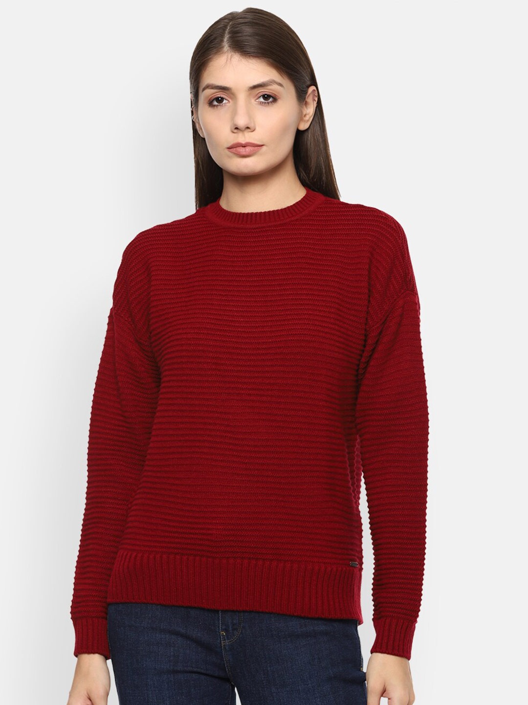 

Van Heusen Woman Maroon Acrylic Striped Pullover