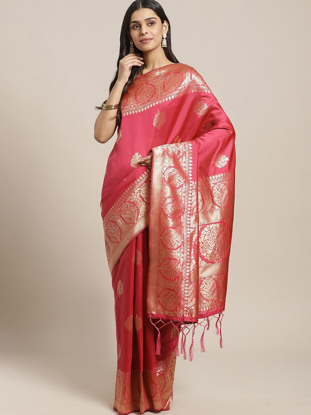 

Saree mall Pink & Gold-Toned Floral Silk Blend Banarasi Sarees