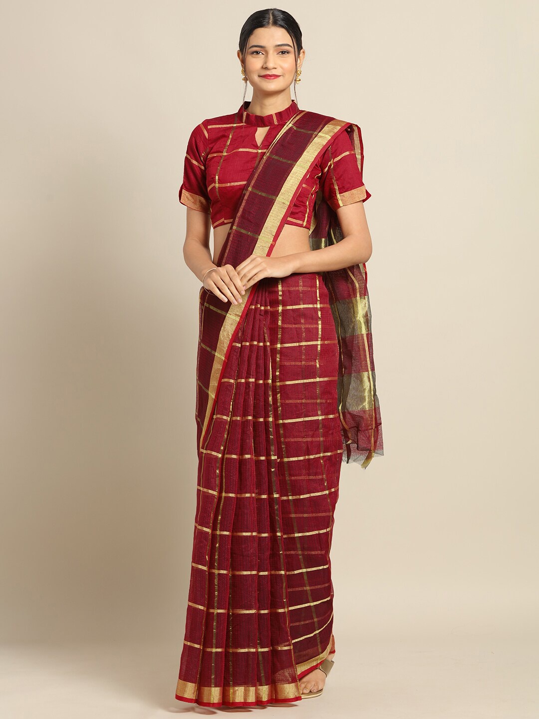 

Kvsfab Maroon & Gold-Toned Checked Saree