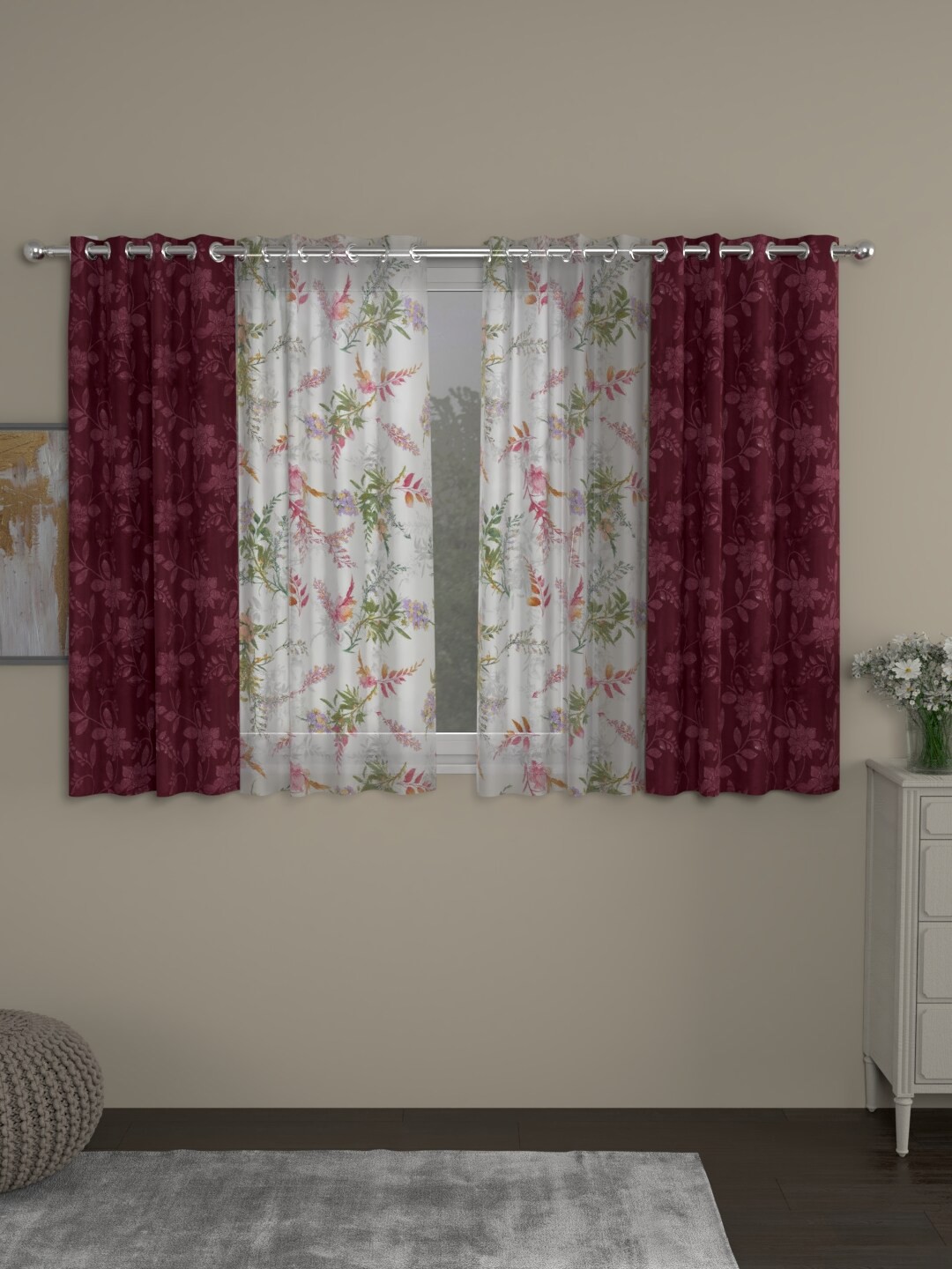 

ROSARA HOME Maroon & White Set of 4 Floral Window Curtain