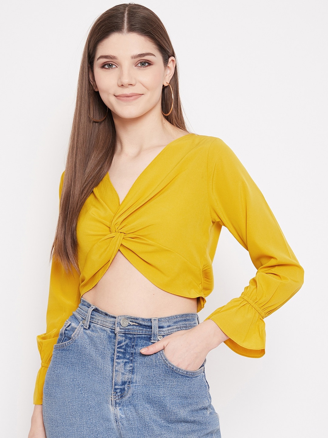 

Berrylush Yellow Crepe Regular Front Twist Crop Top