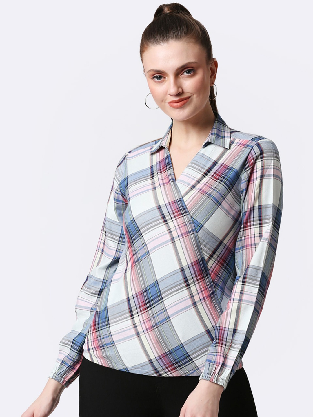 

Bewakoof Blue & White Checked Wrap Shirt Top
