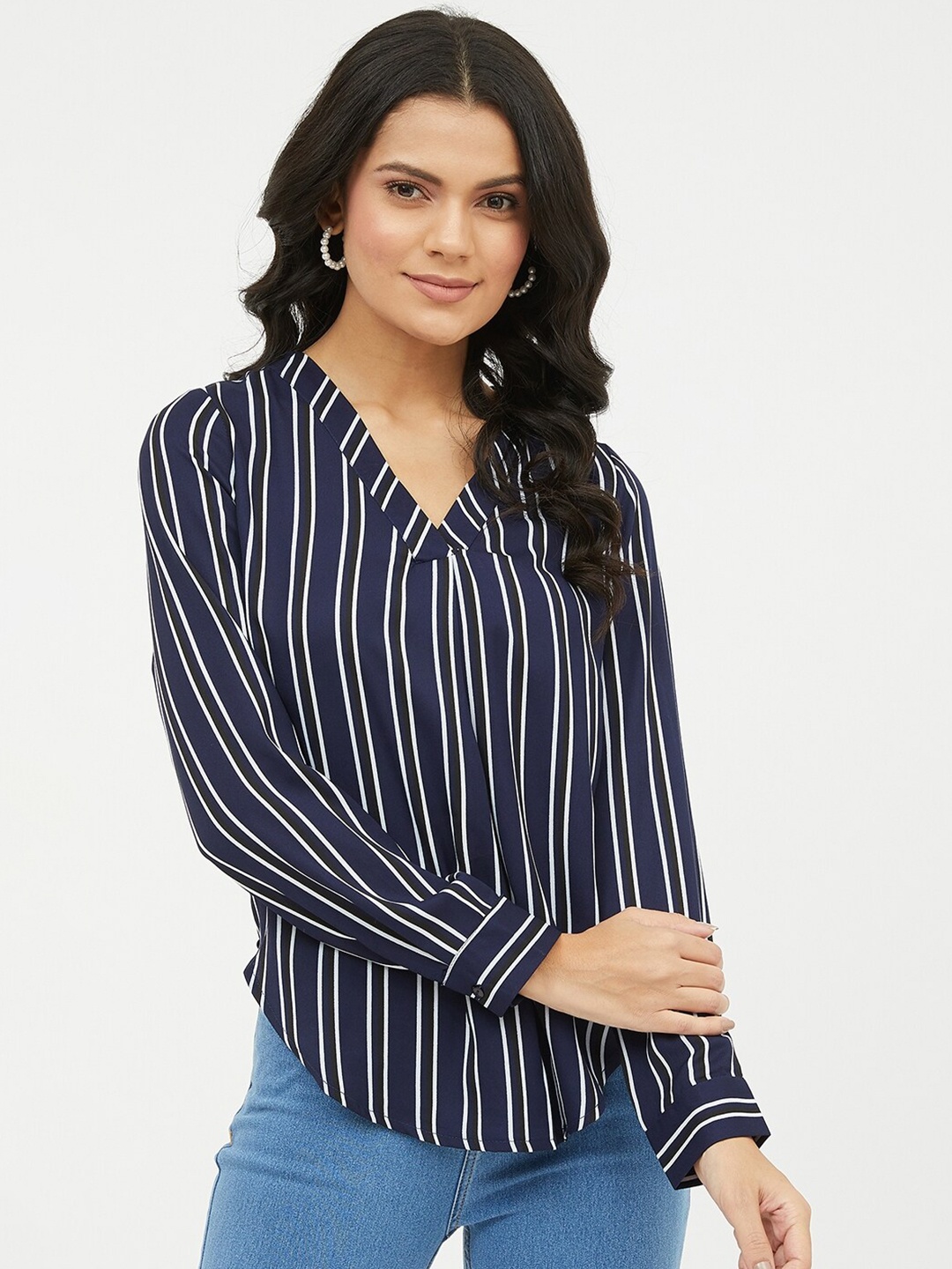 

Harpa Women Navy Blue & White Striped Regular Top