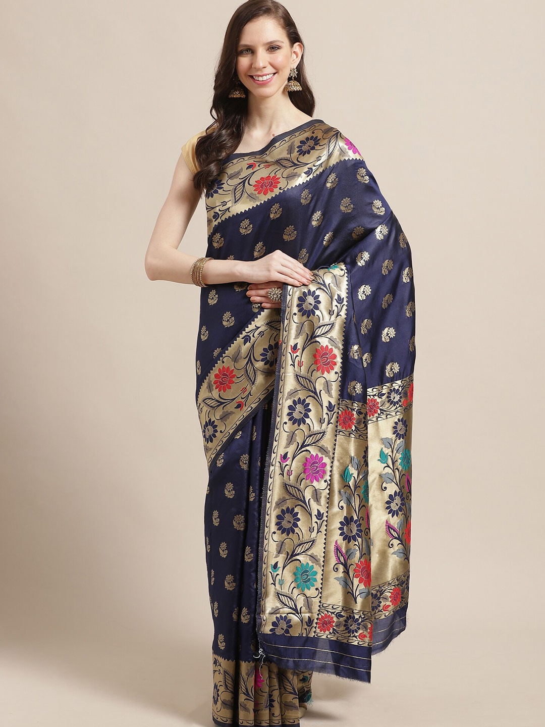 

Saree mall Navy Blue & Gold-Toned Woven Design Silk Blend Banarasi Sarees