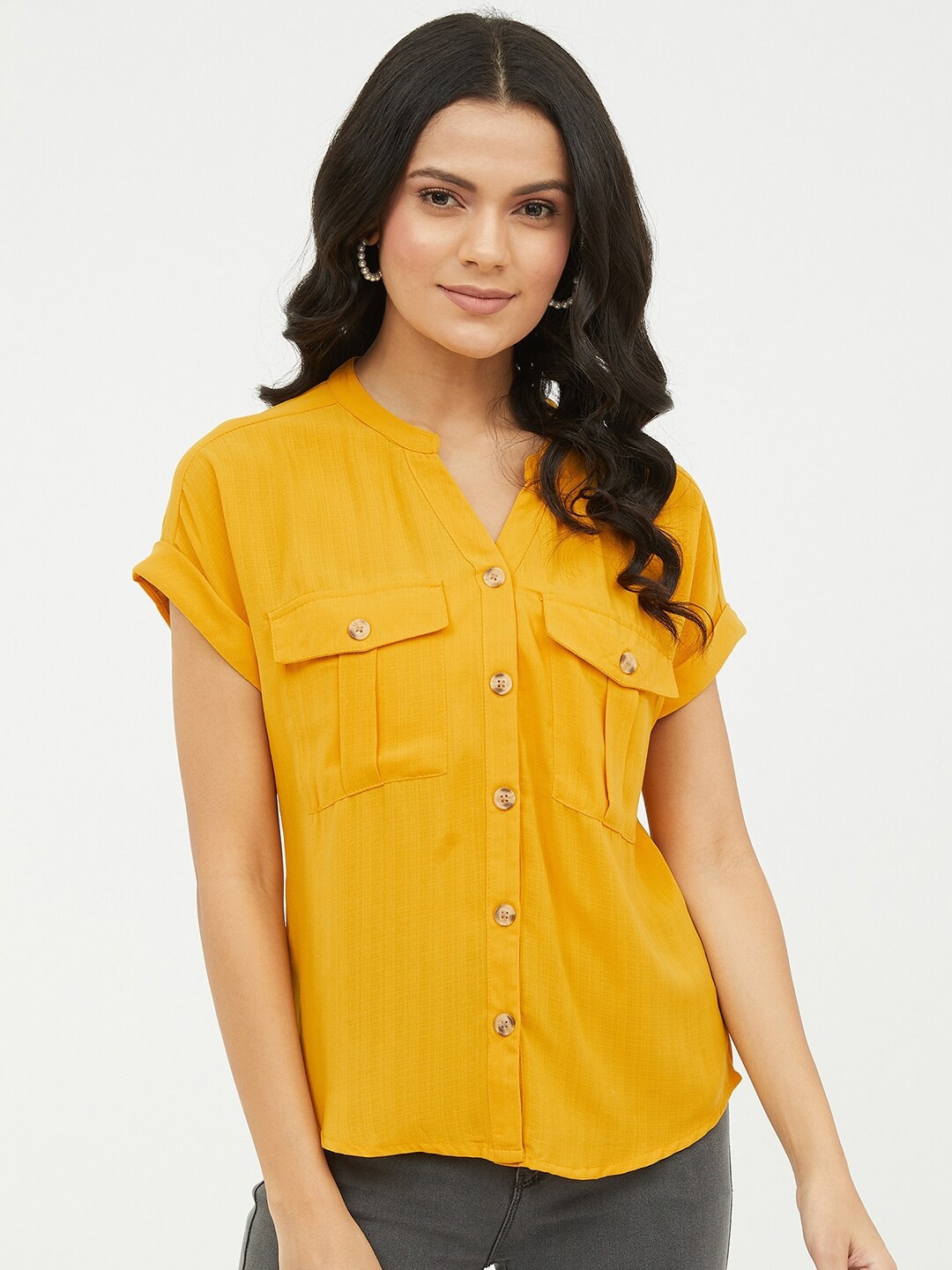 

Harpa Mustard Mandarin Collar Shirt Style Top