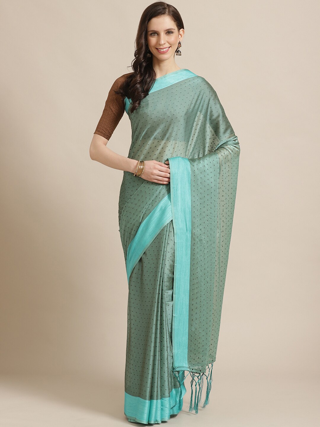 

Saree mall Sea Green & Brown Ethnic Motifs Poly Georgette Sarees