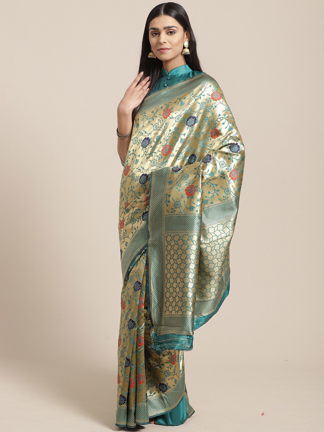 

Saree mall Green & Gold-Toned Woven Design Silk Blend Sarees