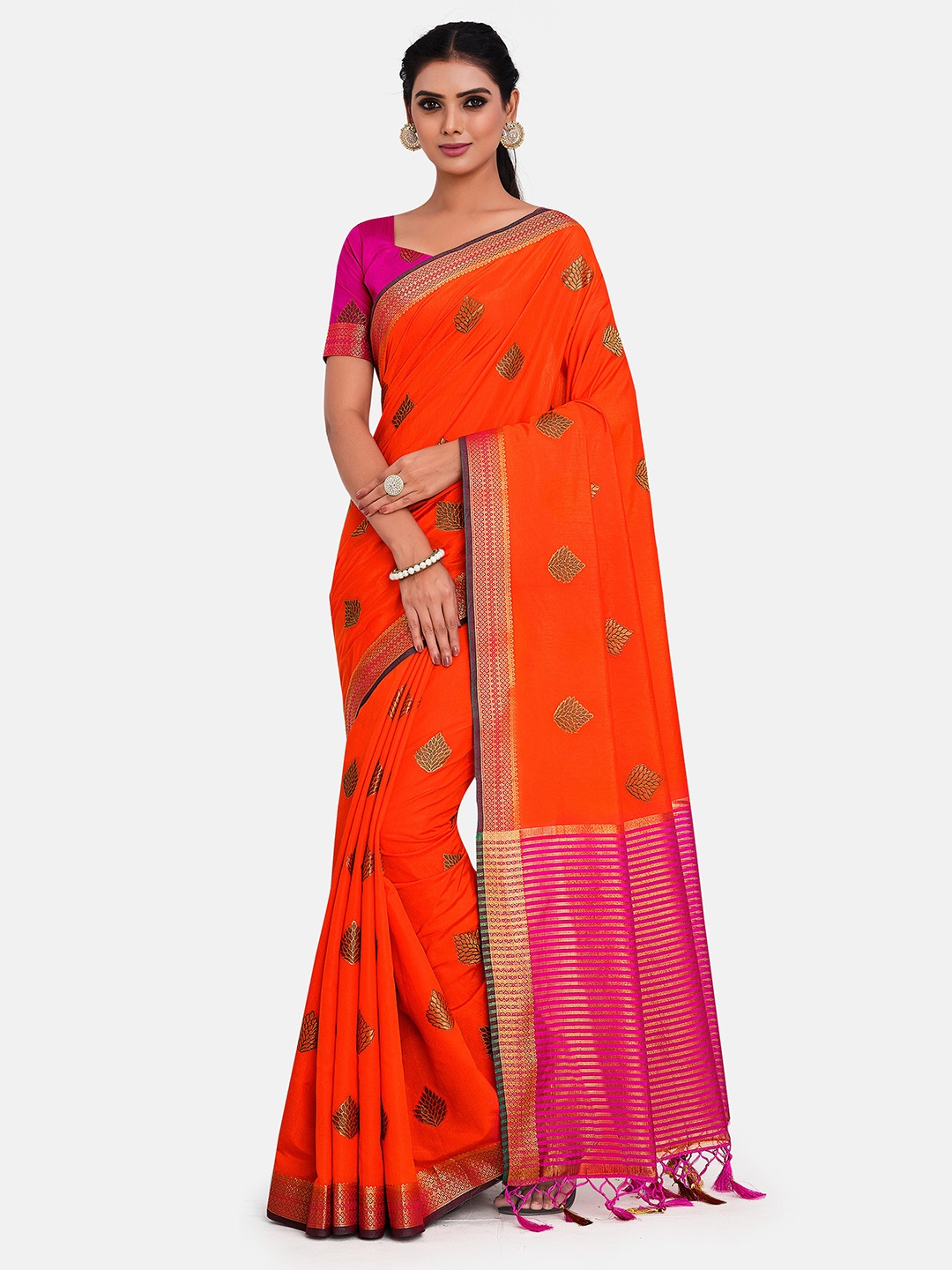

MIMOSA Orange & Pink Woven Design Zari Art Silk Kanjeevaram Saree