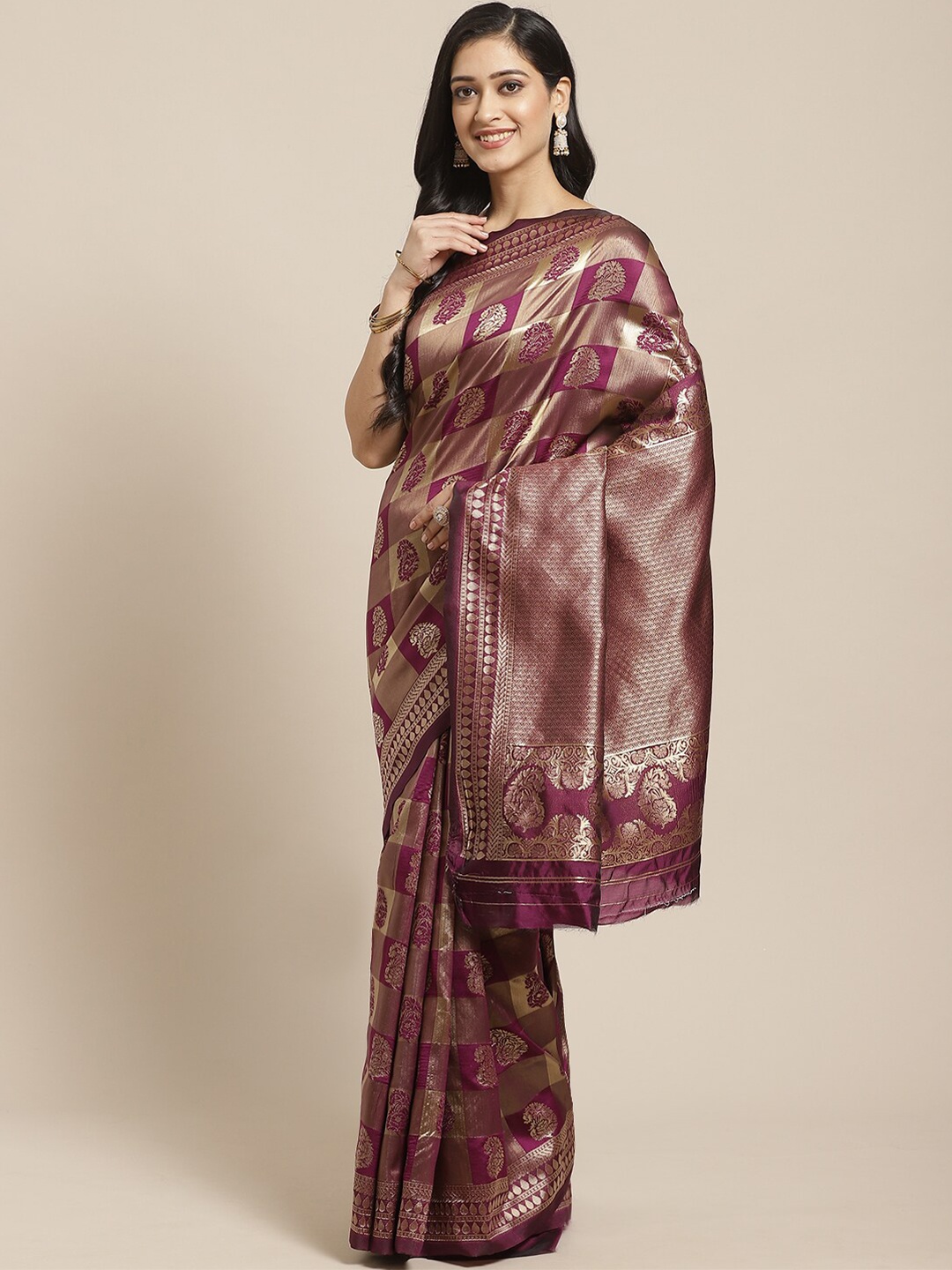 

Saree mall Violet & Gold-Toned Paisley Silk Blend Banarasi Sarees