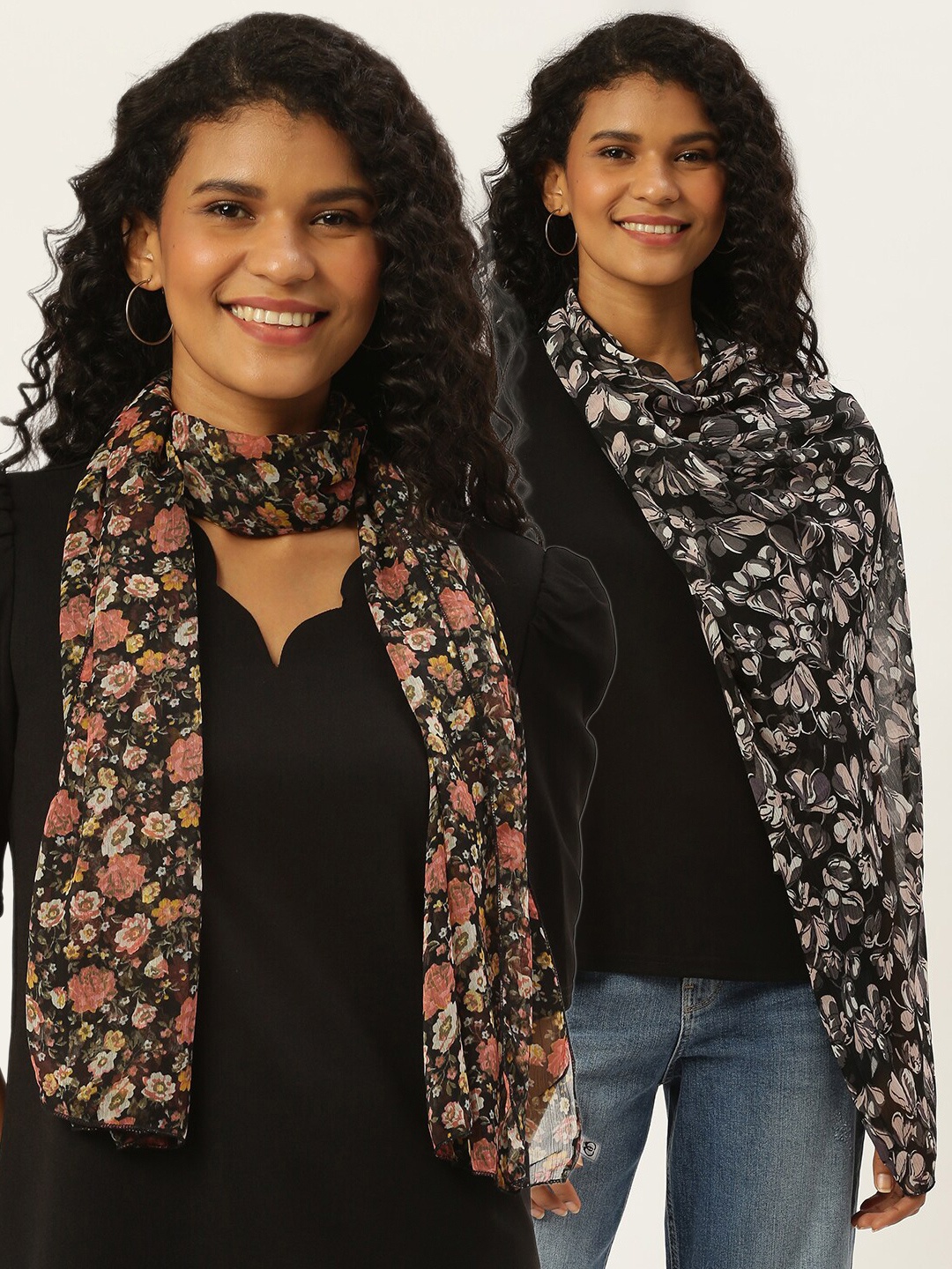 Trend Arrest Women Pack Of 2 Printed scarves, Black