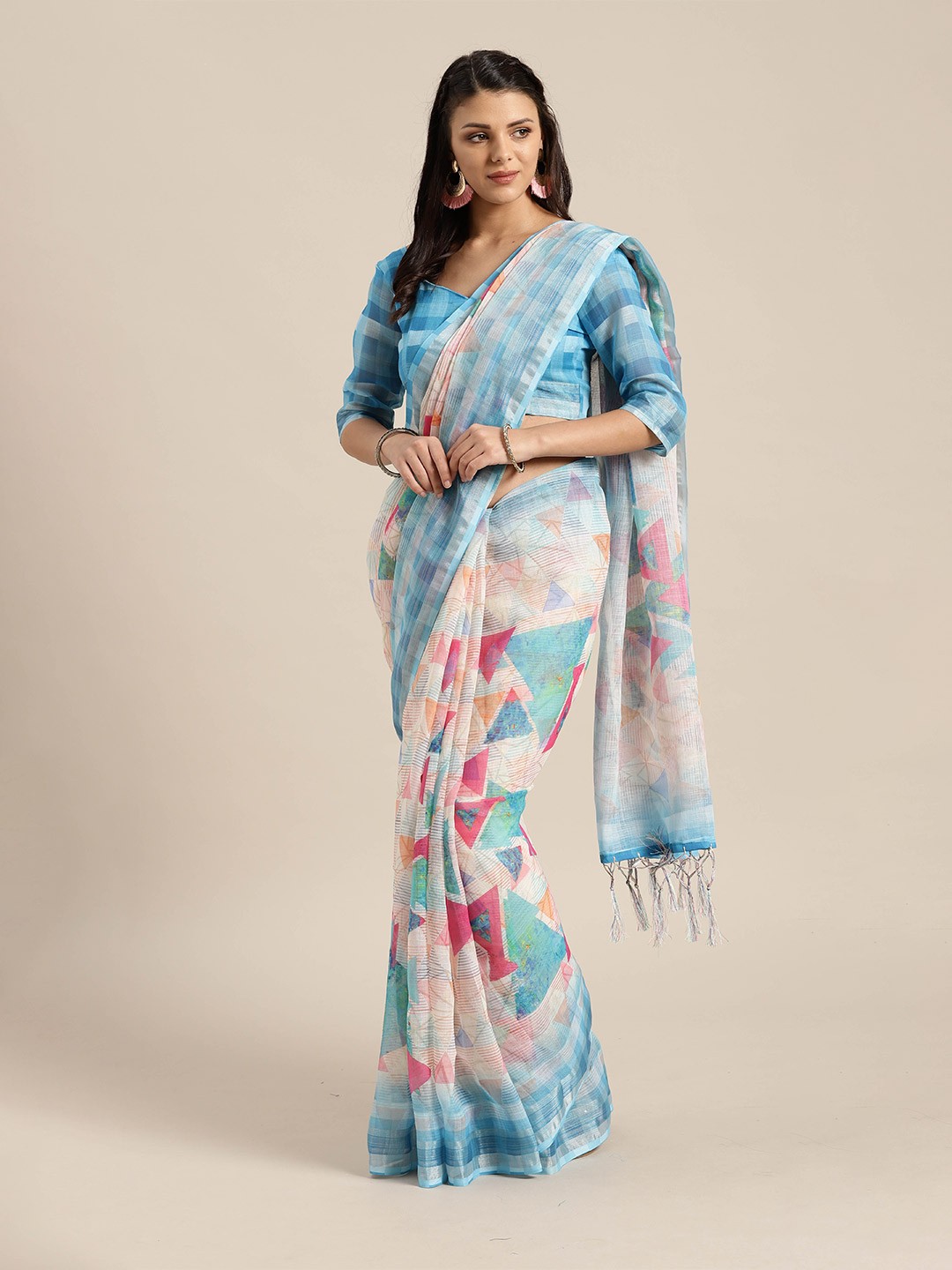 

Saree mall Cream & Blue Linen Blend Sarees