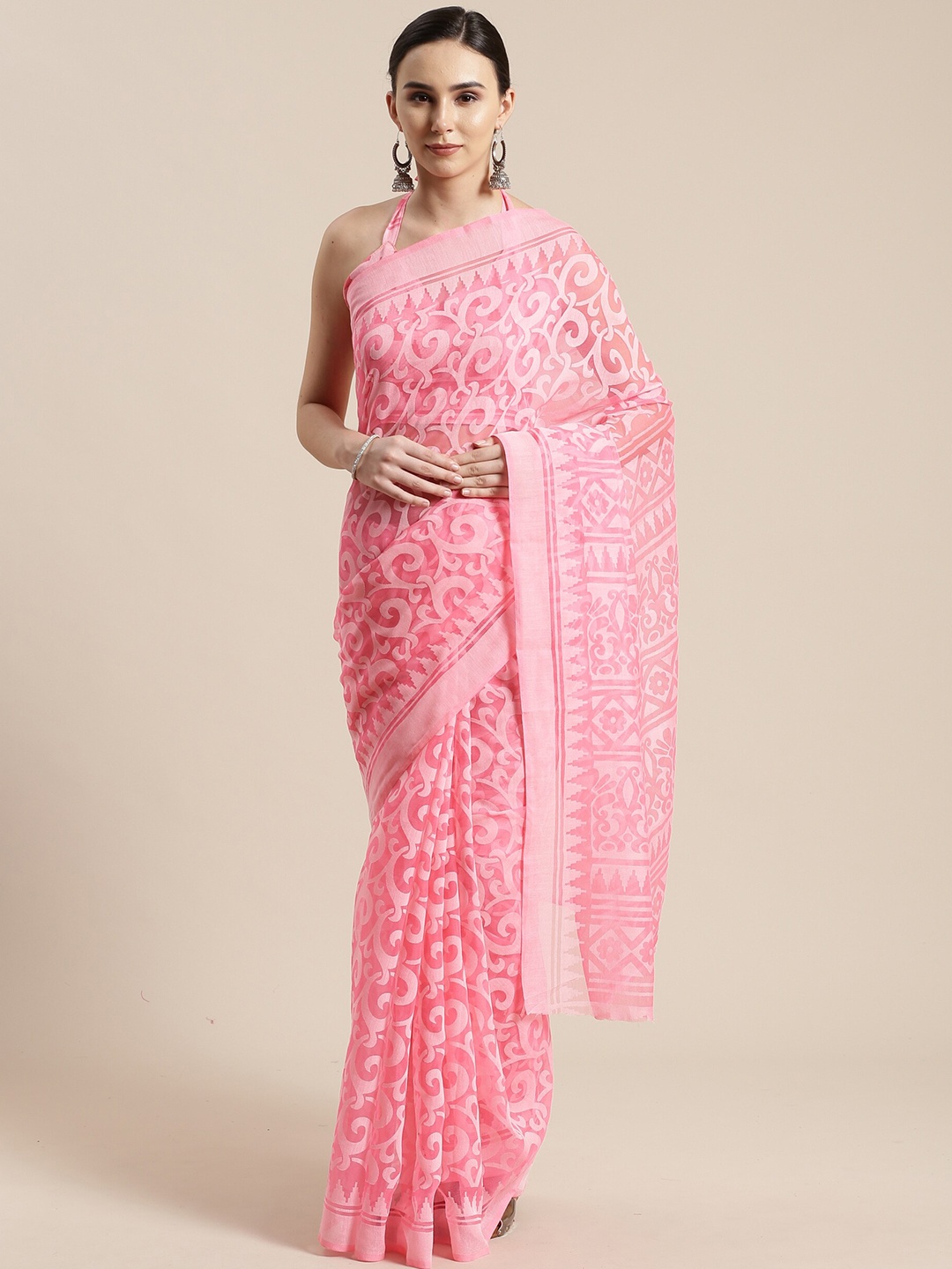 

Saree mall Pink & White Floral Brasso Sarees