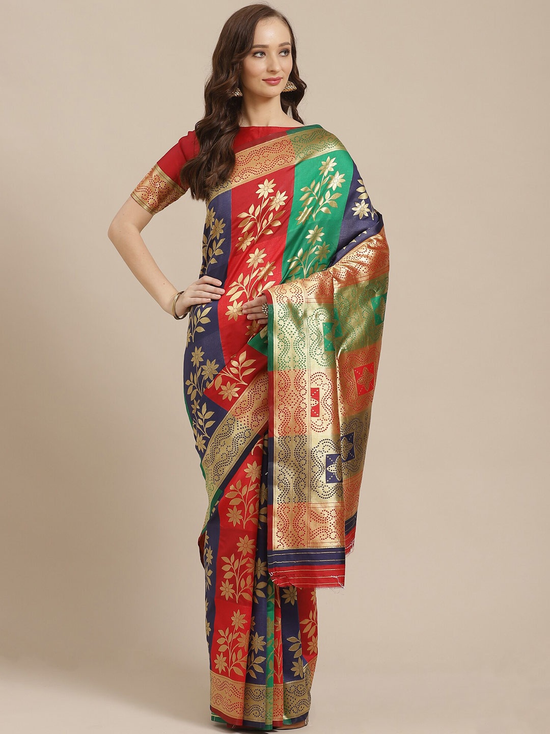 

Saree mall Red & Green Floral Silk Blend Banarasi Sarees