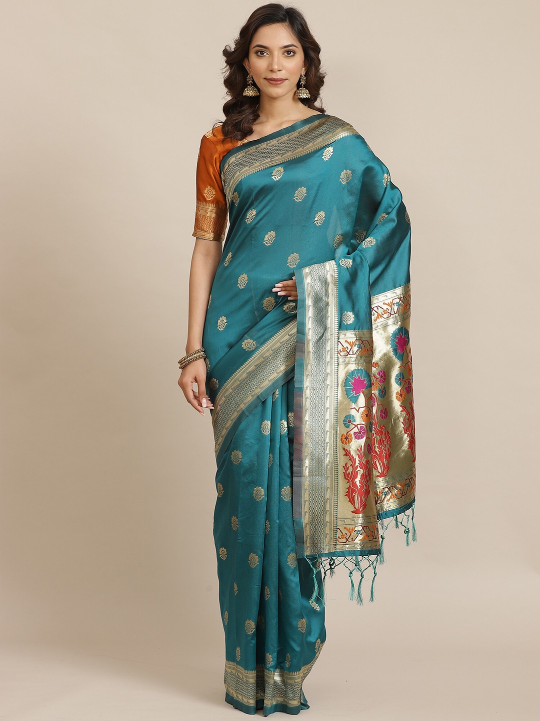 

Saree mall Teal & Maroon Woven Design Zari Silk Blend Banarasi Sarees