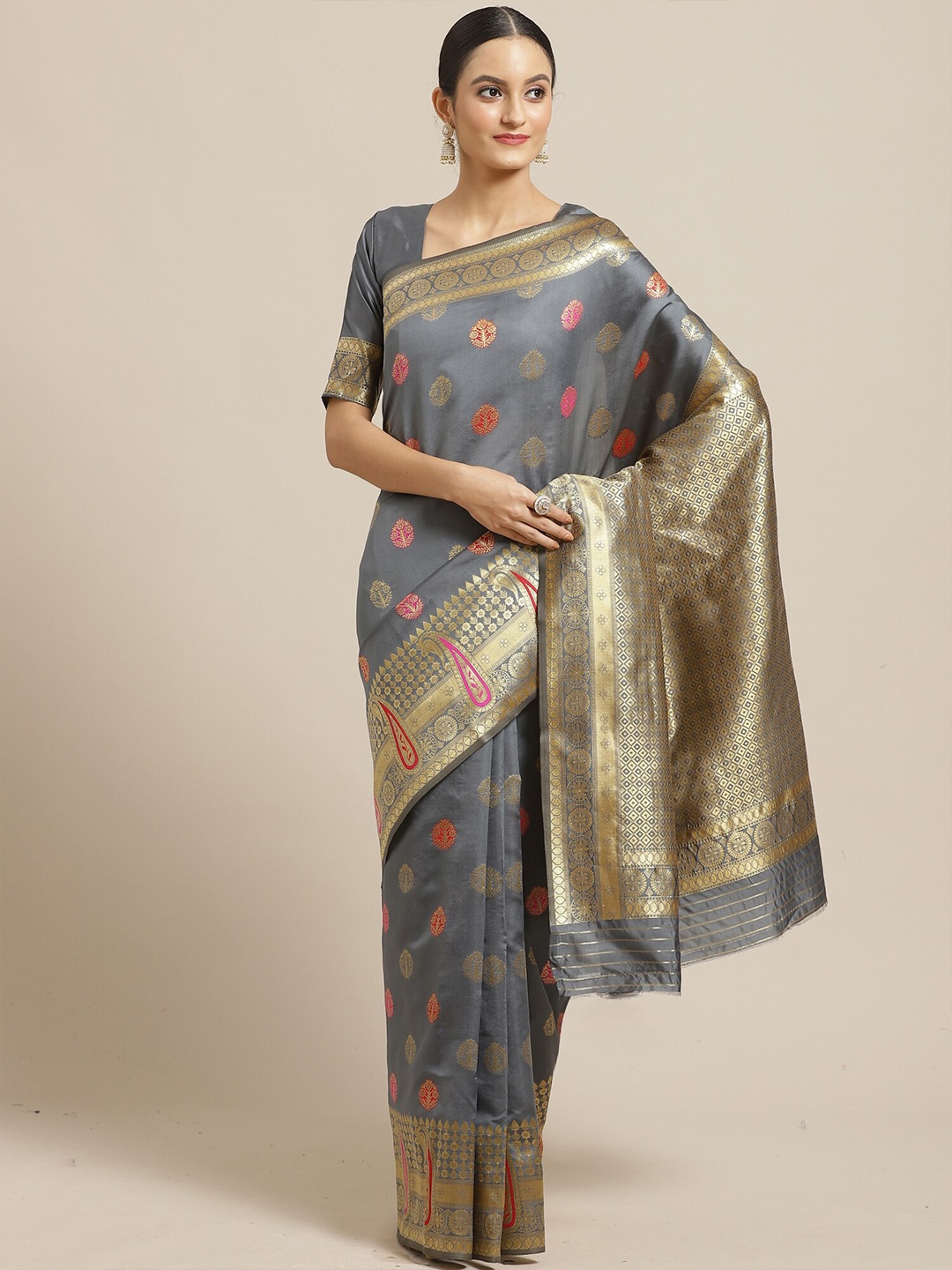 

Saree mall Grey Ethnic Motifs Zari Silk Blend Banarasi Sarees