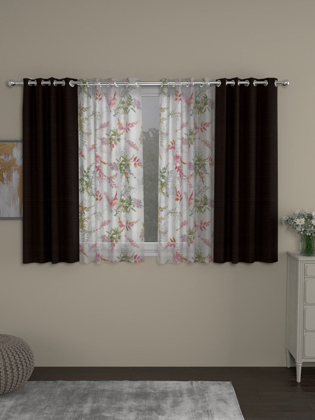 

ROSARA HOME Brown & White Set of 4 Floral Regular and Sheer Window Curtain