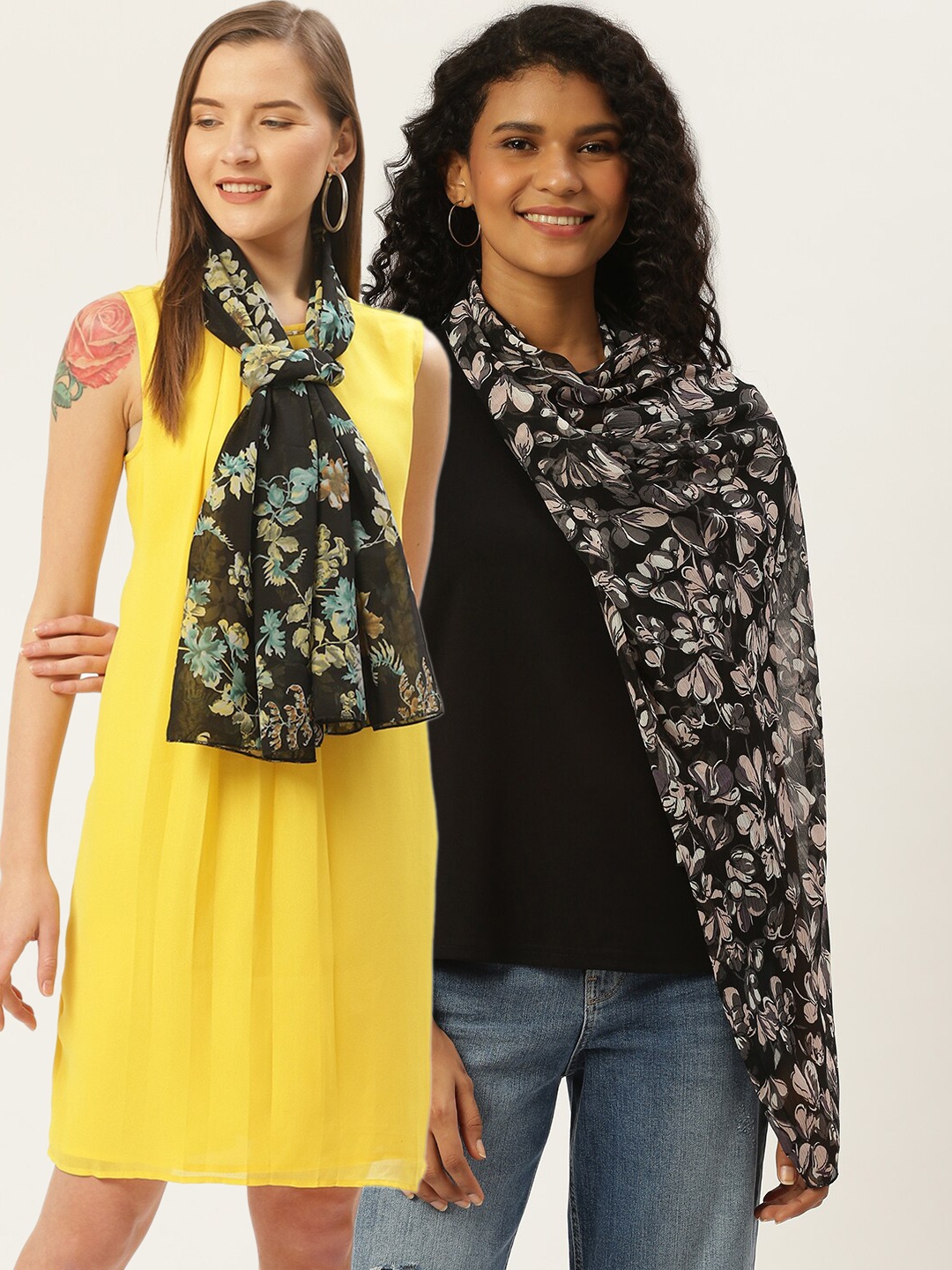 Trend Arrest Women Pack Of 2 Printed scarves, Black