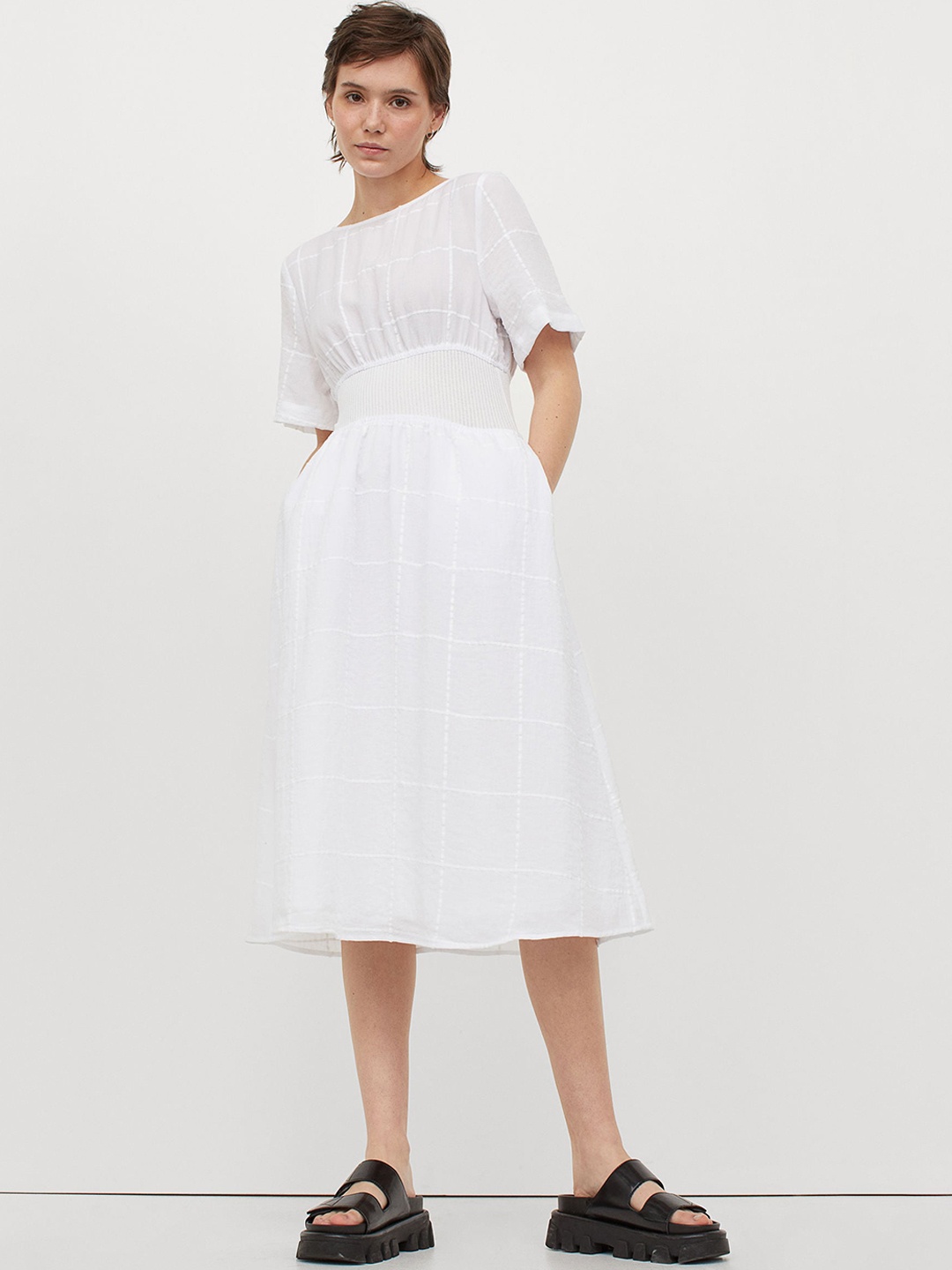 

H&M White Women White Checked Ribbed-Waist Dress