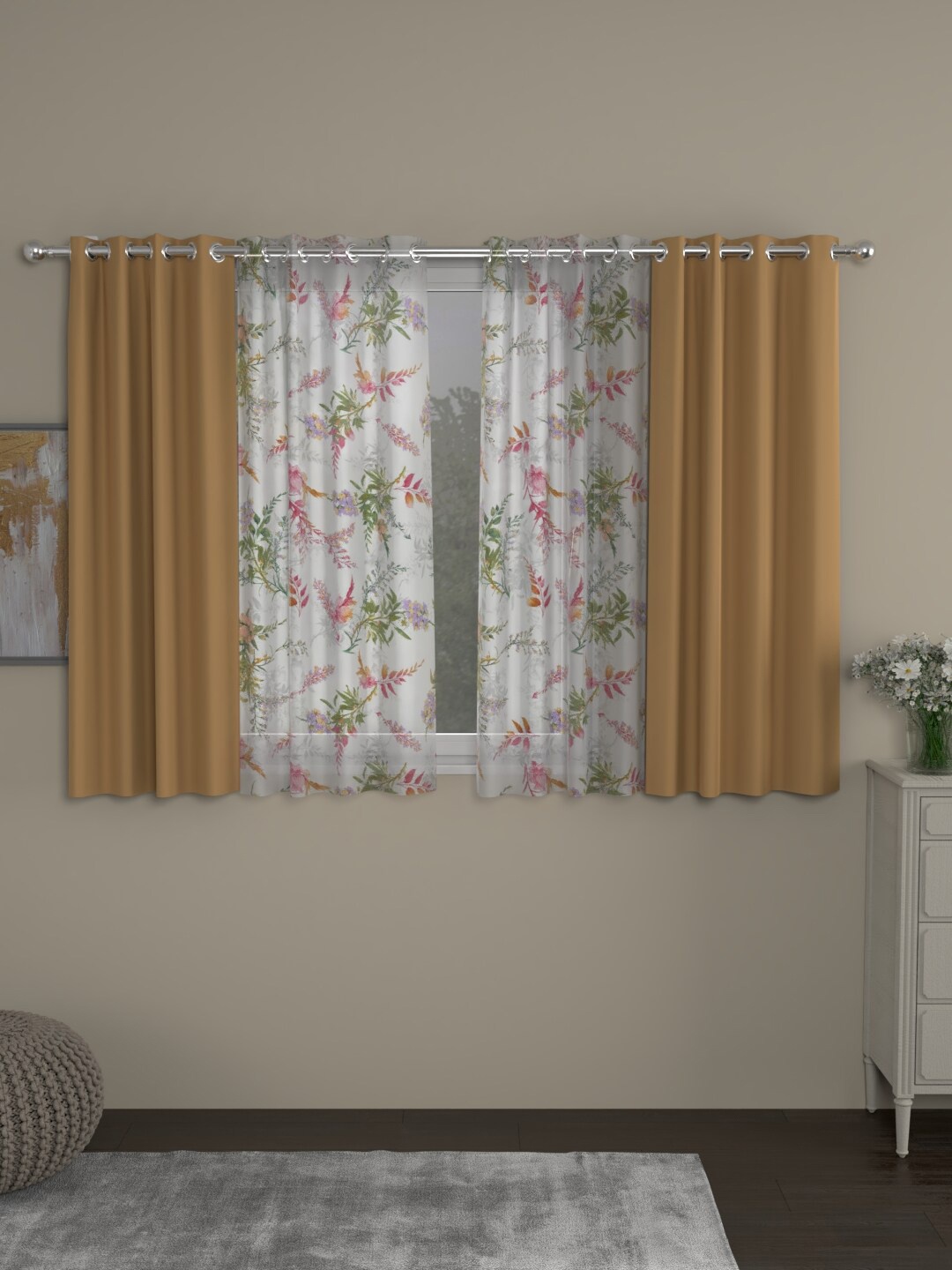 

ROSARA HOME Beige & White Set of 4 Floral Black Out & Sheer Window Curtain