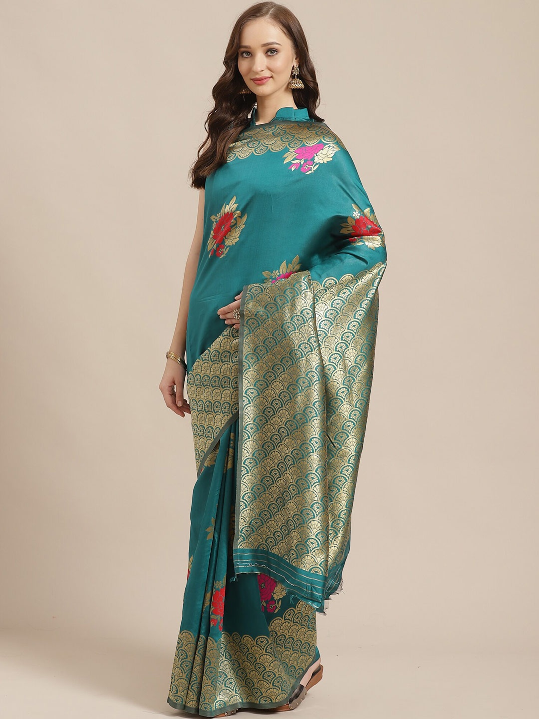 

Saree mall Teal & Pink Floral Zari Silk Blend Banarasi Sarees