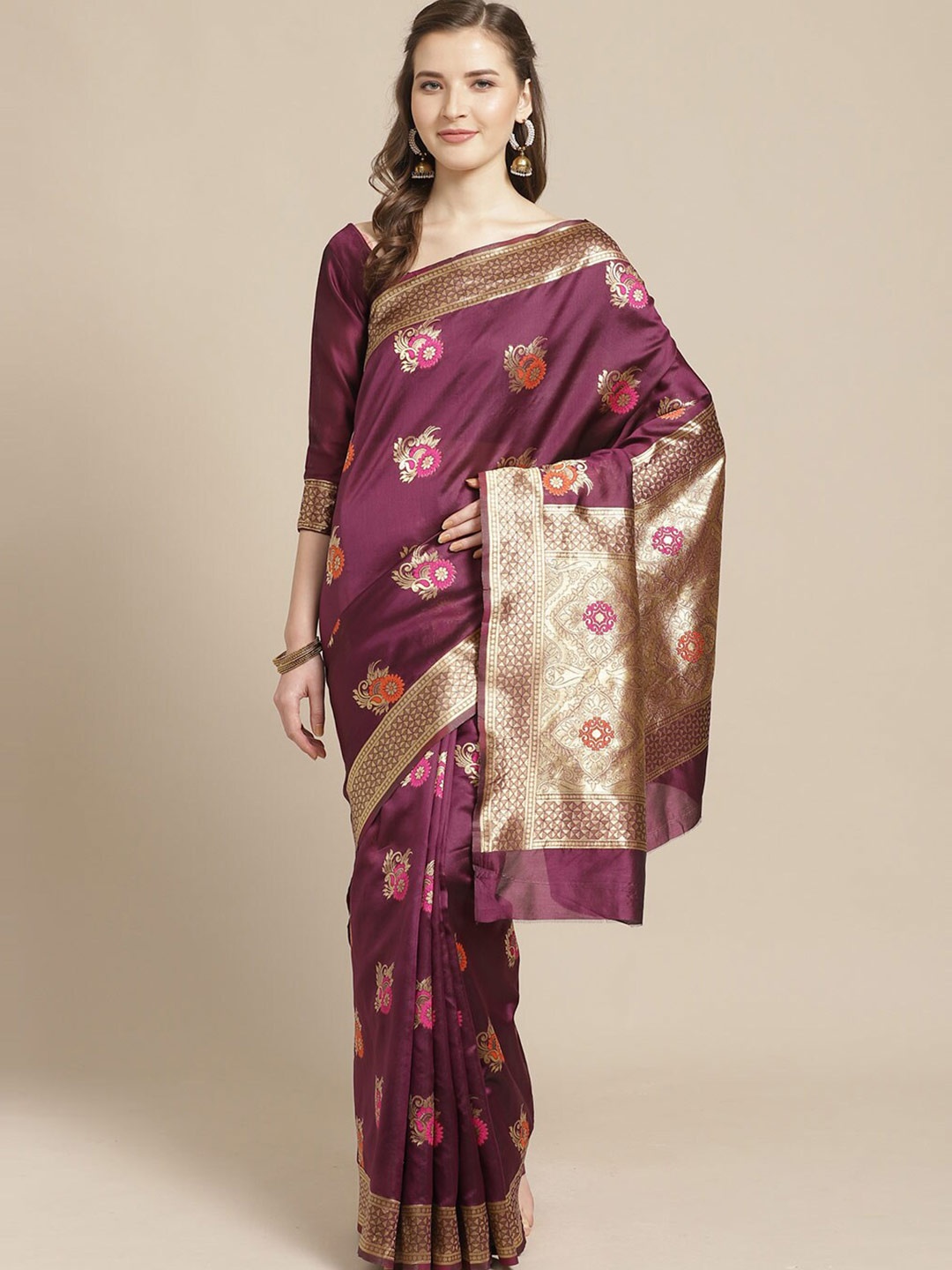 

Saree mall Magenta & Gold-Toned Woven Design Silk Blend Sarees