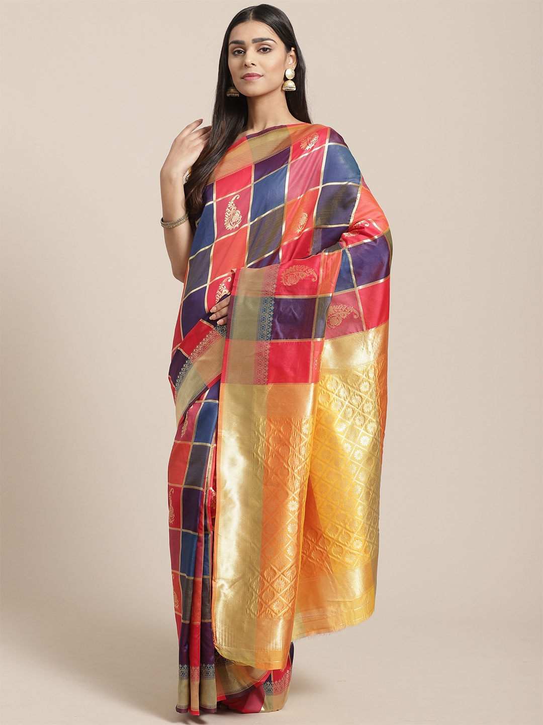 

Saree mall Yellow & Pink Checked Zari Silk Blend Banarasi Sarees
