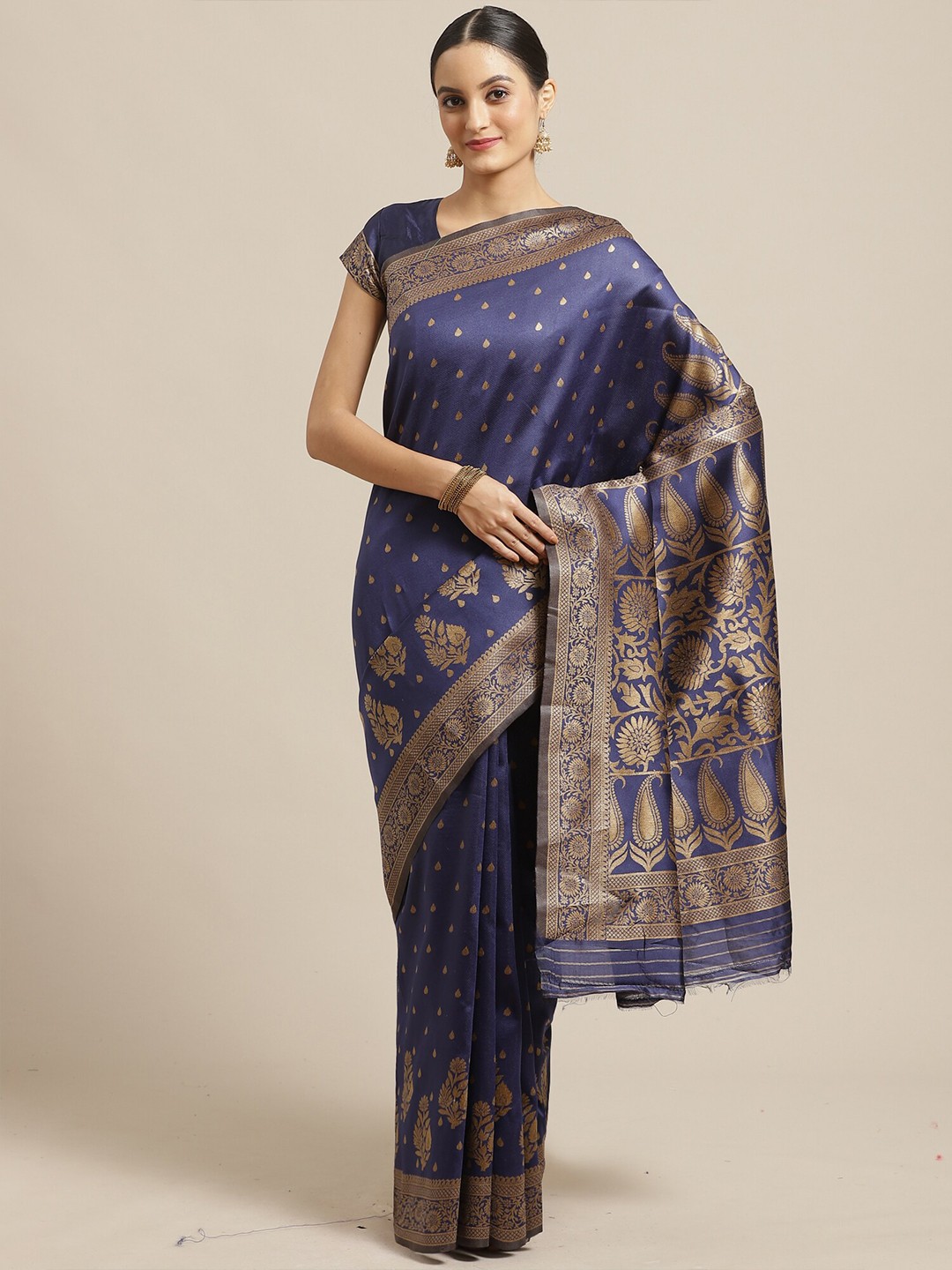 

Saree mall Navy Blue & Gold-Toned Floral Silk Blend Banarasi Sarees