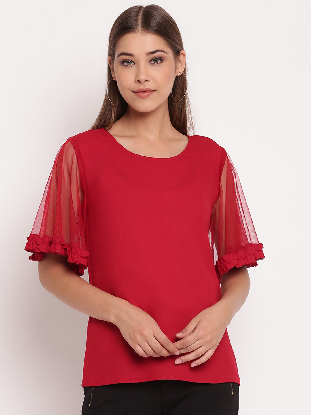 

AKIMIA Maroon Crepe Sheer Sleeve Top