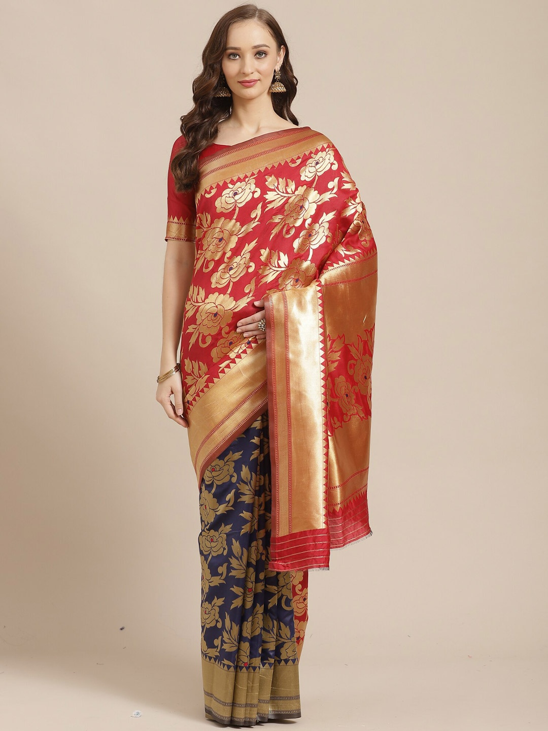 

Saree mall Red & Blue Floral Silk Blend Banarasi Sarees