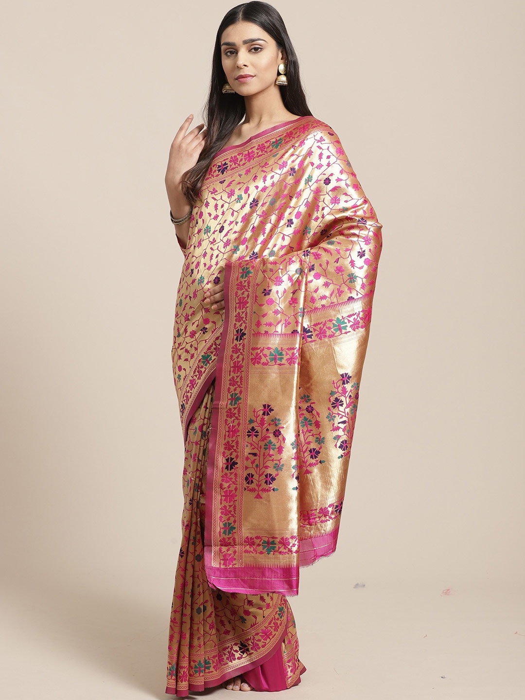 

Saree mall Pink & Navy Blue Floral Silk Blend Sarees