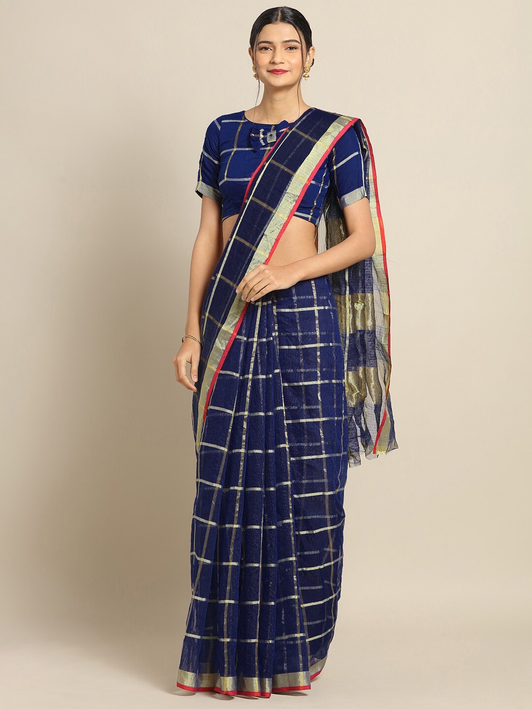 

Kvsfab Navy Blue & Gold-Toned Checked Cotton Blend Bagh Saree
