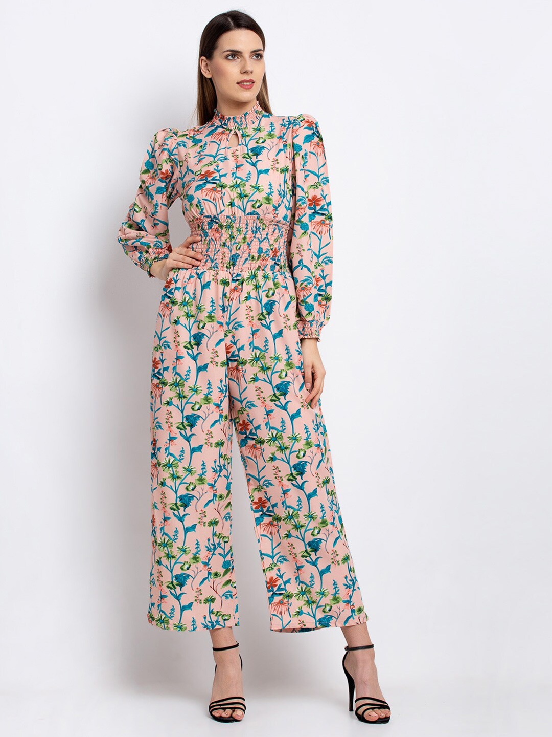 emeros Pink & Teal Printed Smocking Detail Basic Jumpsuit