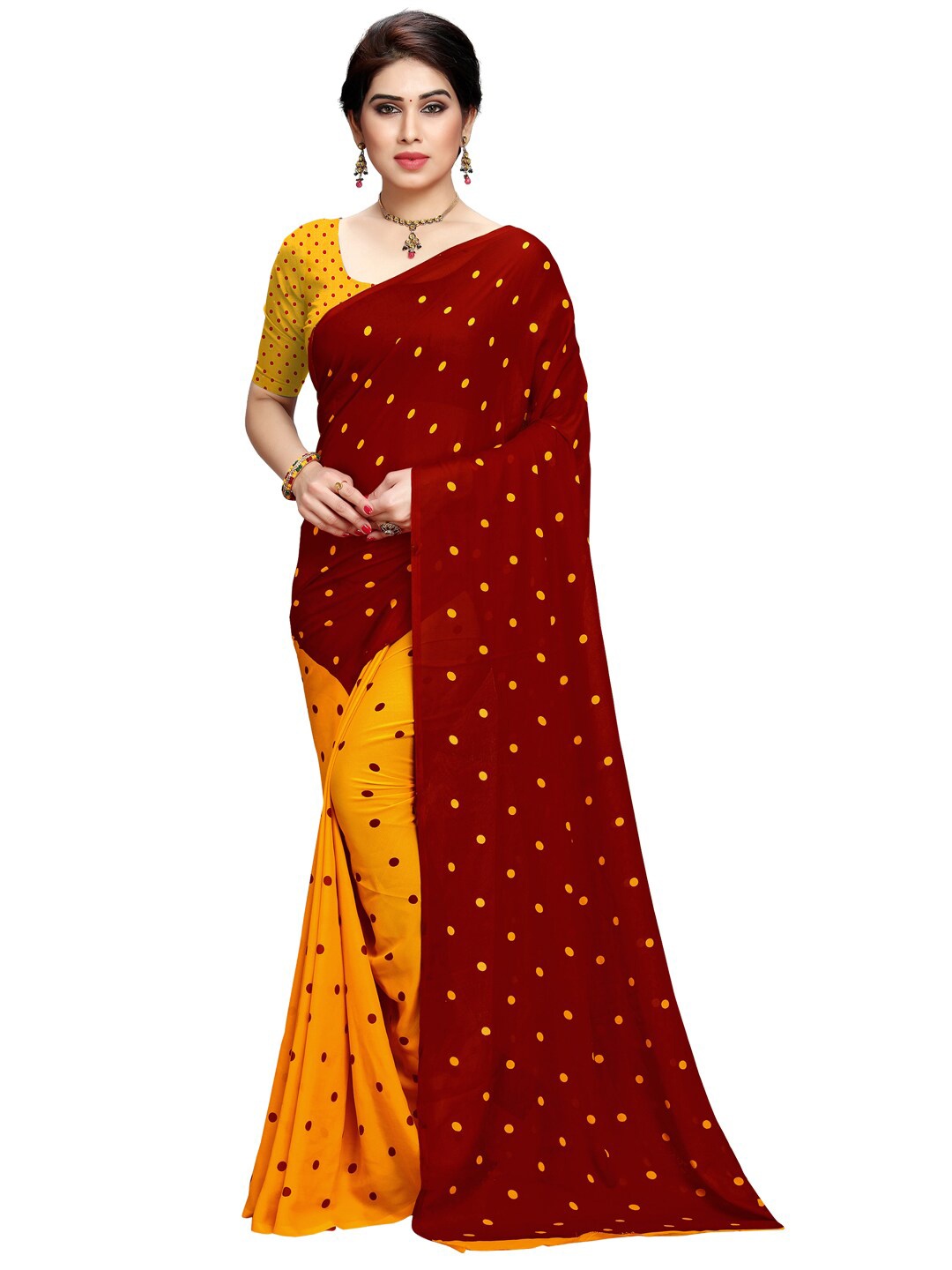 

Moda Rapido Red & Yellow Polka Dots Printed Half and Half Poly Georgette Saree